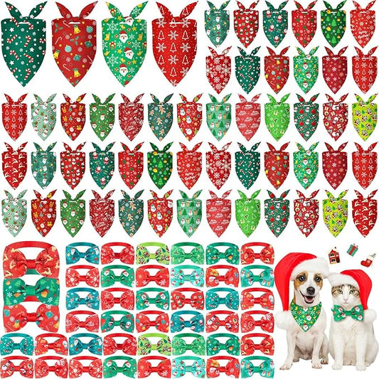 Sanwuta 100 Pcs Christmas Dog Bandanas Bulk and Charm Collar Bow Ties Set 50 Xmas Bandanas for Dogs 50 Xmas Doggie Collar Santa Snowflake Triangle Scarf Bowtie for Small Medium Large Pets