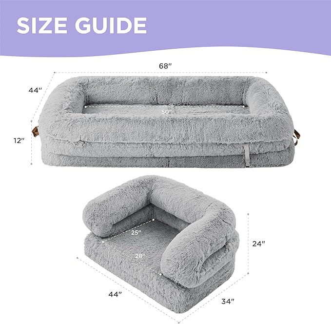LE SURE Foldable Human Dog Bed - 3 in 1 Flexible Giant Human Dog Bed for Adult People with Supportive Bolster Egg Foam, Waterproof Liner, Calming Fluffy Faux Fur Orthopedic Big Bean Bed, Light Grey