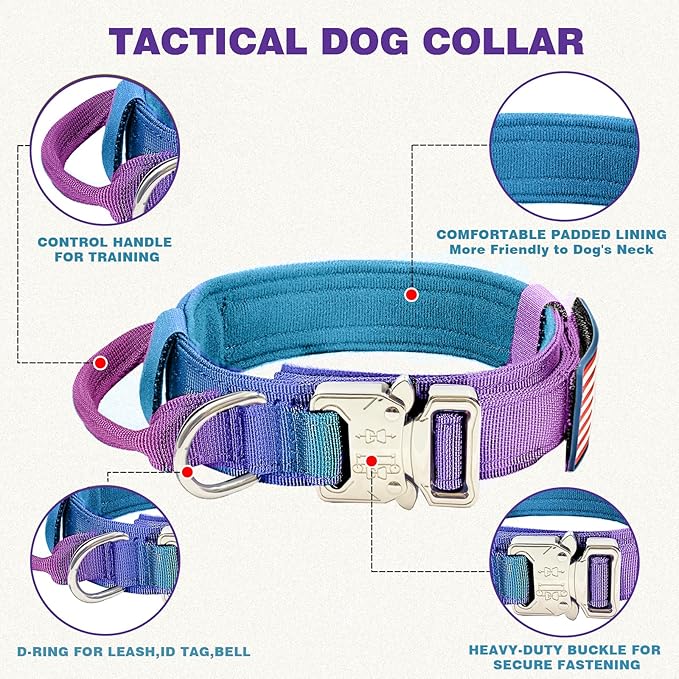 Tactical Military Dog Collar - Adjustable Nylon, Heavy Duty Metal Buckle with Handle for Dog Training, Patches (Gradient 1, XL)