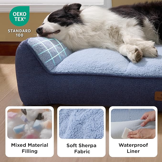 Bedsure Orthopedic Dog Beds Large Sized Dog - Extra Thick Supportive Large Dogs Bed with Waterproof Washable Cover, L Plus Comfort Pet Bed Sofa with Soft Plush Sherpa and Nonskid Bottom, Blue, 38"