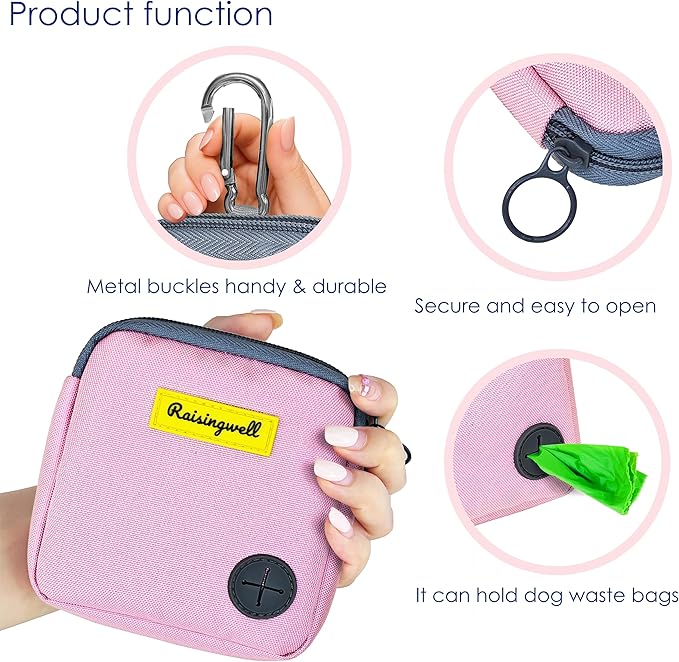 Dog Treat Pouch for Pet Walking and Training with Clicker Poop Bags Small Fanny Zipper Pack Holder for Puppy Snack Dispenser Kit for Leash and Outdoor Use (Pink)