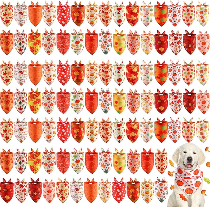 Chunful 120 Pcs Thanksgiving Fall Bandanas Bulk for Dogs Autumn Bandanas with Maple Leaves Pumpkin Soft Bibs Adjustable Triangle Doggie Scarf for Small Medium Large Costume 25.6 x 17.7 x 17.7 Inch