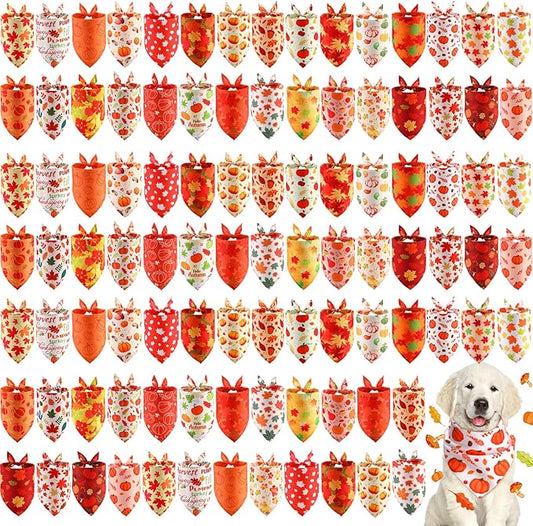 Chunful 120 Pcs Thanksgiving Fall Bandanas Bulk for Dogs Autumn Bandanas with Maple Leaves Pumpkin Soft Bibs Adjustable Triangle Doggie Scarf for Small Medium Large Costume 25.6 x 17.7 x 17.7 Inch