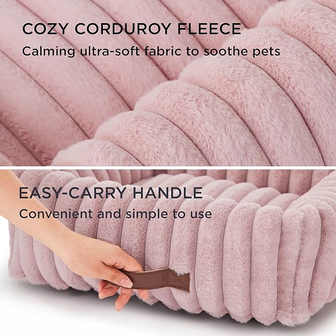 Bedsure Cute Dog Bed for Small Medium Dogs - Washable Furry Puppy Beds, Rectangle Orthopedic Corduroy Fleece Pet Beds with Removable Zipper Cover, 25x21x7inches, Blush Pink