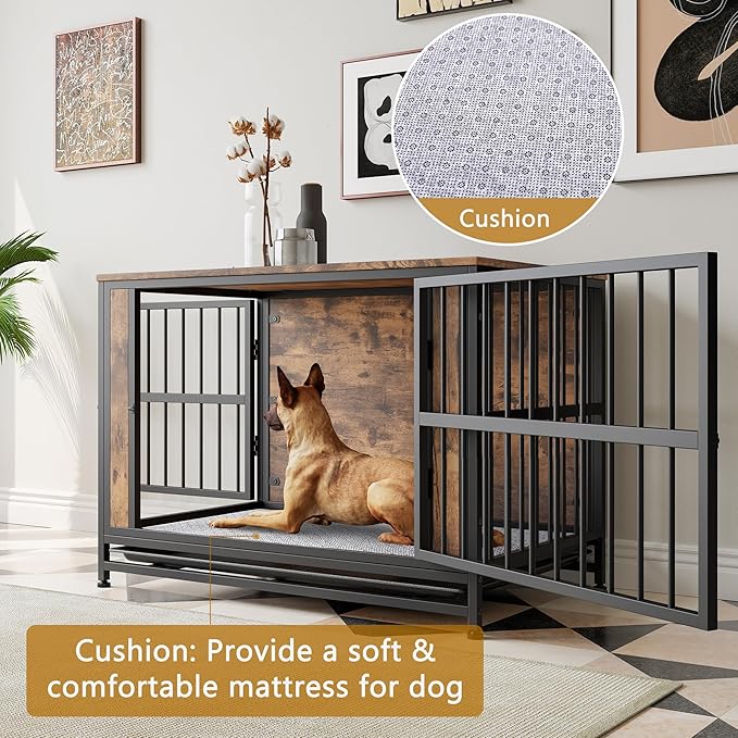 Dog Crate - Metal & Wooden Kenel with 3 Doors for Indoor, Medium/Large Dogs - Heavy Duty, Rustic Black & Brown