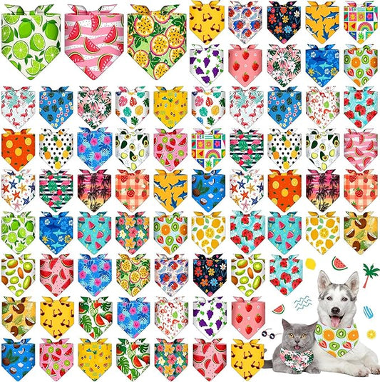 Sanwuta 72 Pcs Dog Bandana Bulk Washable Puppy Triangle Scarfs Cat Bandanas Adjustable Soft Cute Pet Triangle Bibs Accessories for Small Medium Dogs Cats Pets Costume(Summer Pattern)