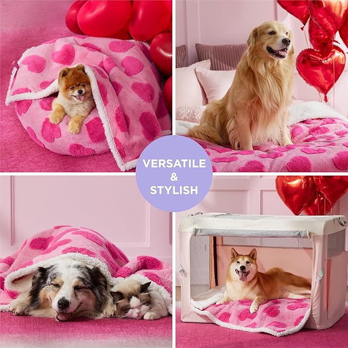 Lesure Waterproof Puppy Blanket for Medium Dogs - Washable Double Sided Dog Blankets with Warm Jacquard Shag and Soft Sherpa Fleece, Pet Cat Blanket for Couch Protection, Love Pattern Design，Pink