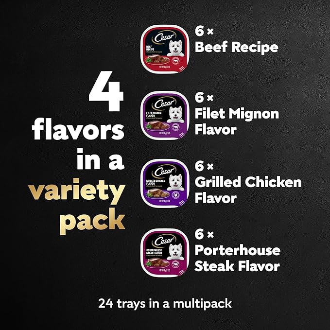 Cesar Wet Dog Food Classic Loaf in Sauce Beef Recipe, Filet Mignon, Grilled Chicken and Porterhouse Steak Variety Pack, 3.5 oz. Easy Peel Trays (24 Count, Pack of 1)