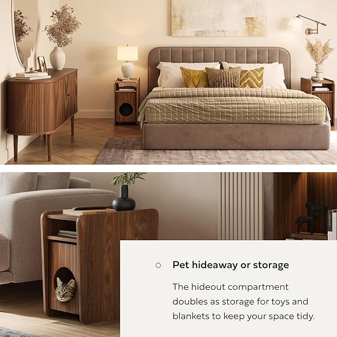 WERMO 12'' Cat Hideaway Side Table - Cat House for Indoor Cats and Enclosed Bed Cave and Hideout for Small Pets with Magazine Holder & Storage Doubling as Narrow End Table, Wood Night Stand (Walnut)