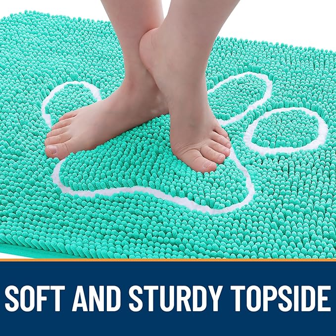 OLANLY Dog Door Mat for Muddy Paws 48x30, Paw Print Design, Absorbs Moisture and Dirt, Absorbent Non-Slip Washable Doormat, Quick Dry Chenille Mud Mat for Dogs, Entry Indoor Entryway Carpet, Teal