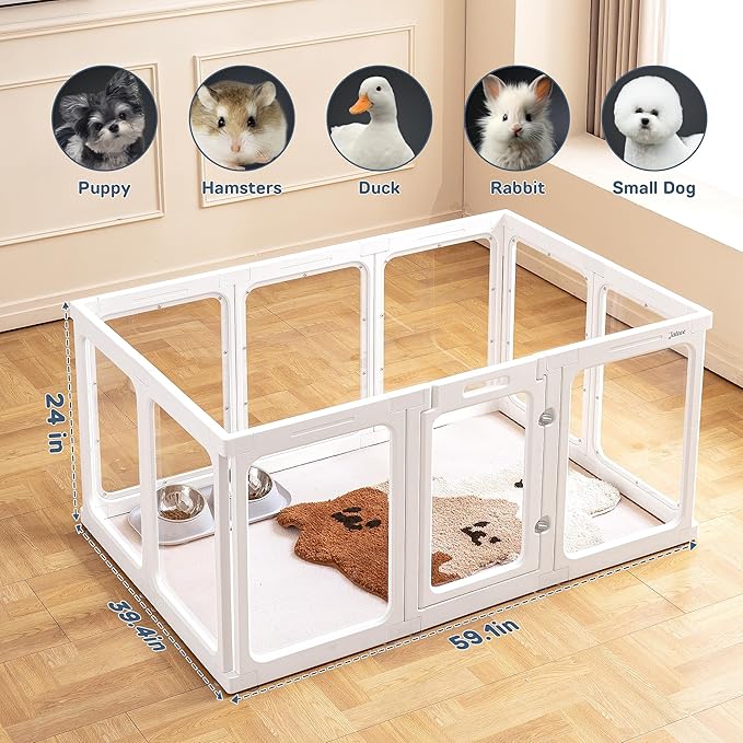 Jalove Dog Playpen, 24" Acrylic Plastic Pet Playpen with Door, Puppy Playpen, Indoor Dog Pen, Foldable, Customizable, White 2 PCS