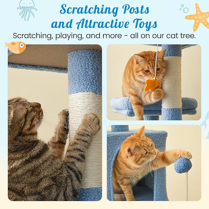 MWPO Ocean-Themed Cat Tree, 70.1-Inch Multi-Level Tall Tower for Indoor Cats, Plush Cat Condo with Big Padded Perches, Sisal-Covered Scratching Posts, Hammock, Toys for Kittens, Blue