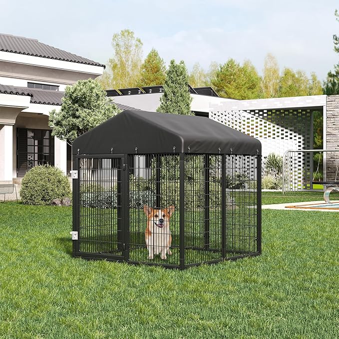 Outdoor Dog Kennel Steel Ideal Dog Fence for Small Dogs Anti-Rust Coating Cage with Roof All Weather Resistant Dog House with Double Locks(50"x48"x54")