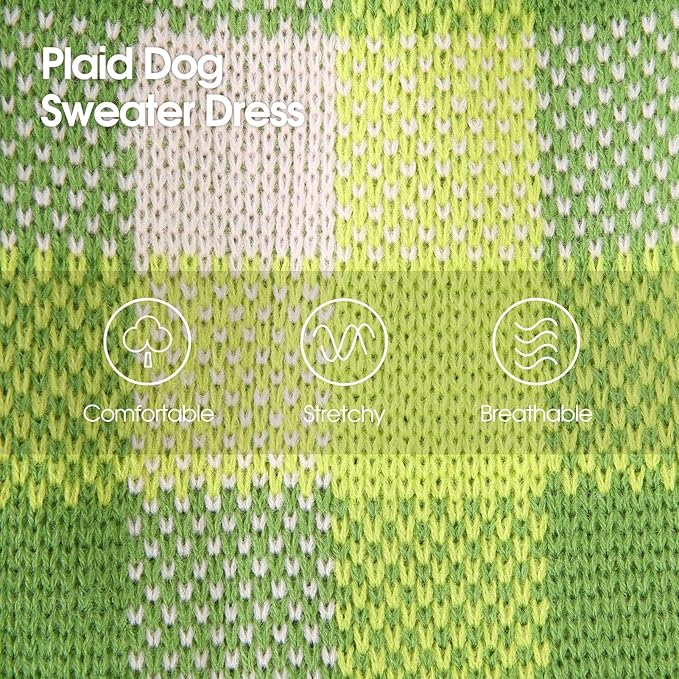 Dog Sweater Dress Plaid Knitwear for Small Medium Dogs Warm Puppy Pet Turtleneck Stretch Pullover Cute Fall Winter Vest Clothes with Leash Hole for Christmas (Green, XL)