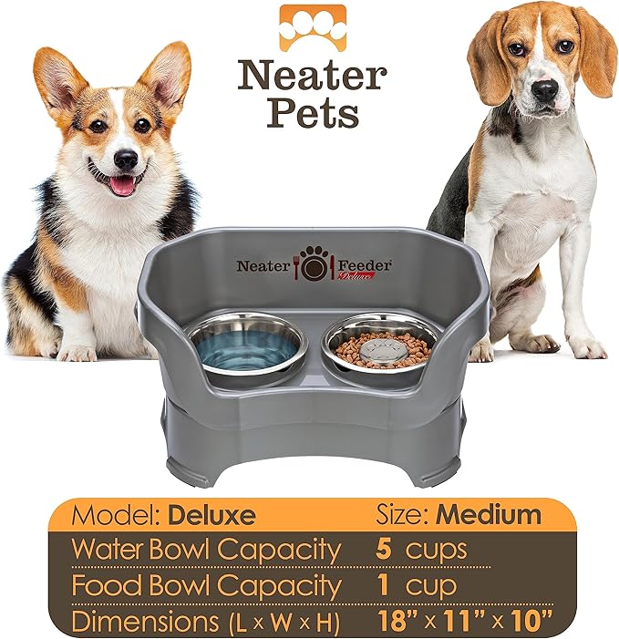 Neater Feeder Deluxe Mess Proof Dog Bowls Elevated for Medium Sized Breeds – Made in USA – No Spill Raised Slow Feeder Elevated Dog Bowl Stand, Stainless Steel Food and Water Bowl Set, Grey