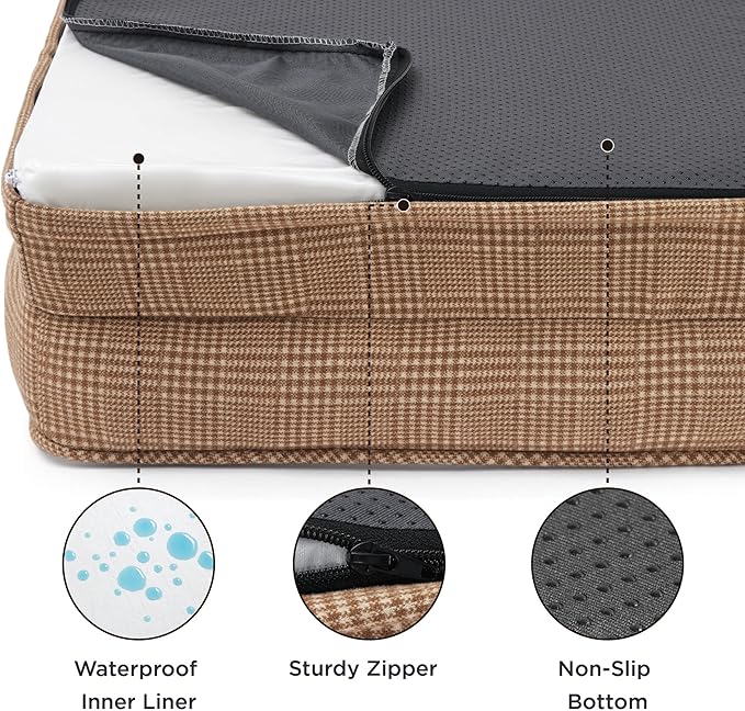 Bedsure Orthopedic Dog Bed Medium Size Dogs - Washable Medium Dog Cat Bed Waterproof, Comfort Pet Couch Sofa with Washable Removable Cover, Pets Bed with Nonskid Bottom, Plaid-Brown, 28"