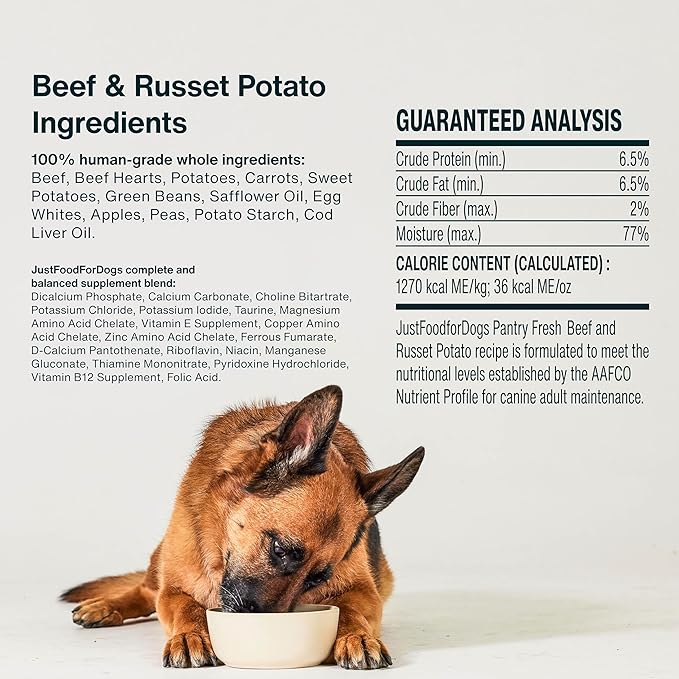 JustFoodForDogs Pantry Fresh Wet Dog Food, Complete Meal or Dog Food Topper, Beef & Russet Potato Human Grade Dog Food Recipe - 12.5 oz (Pack of 6)
