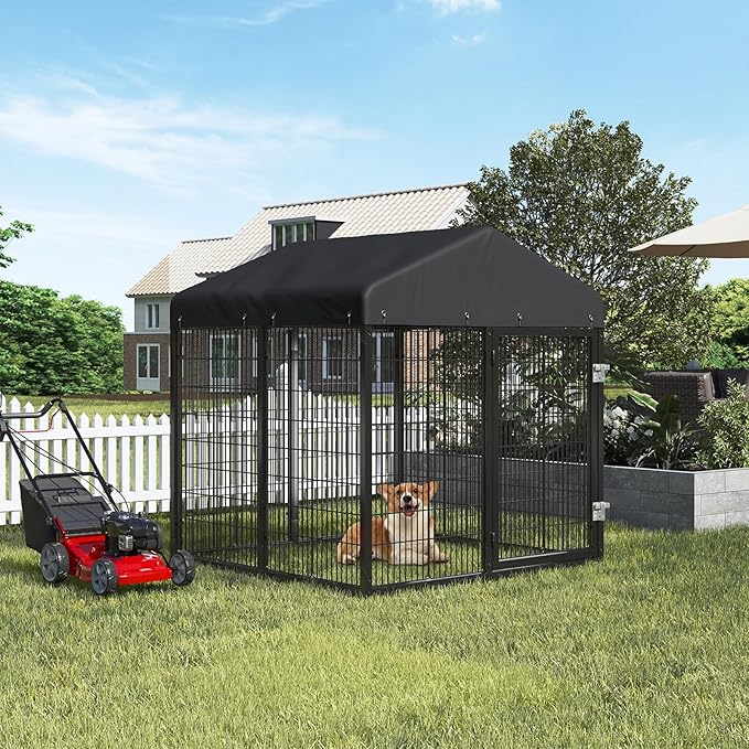Outdoor Dog Kennel Steel Ideal Dog Fence for Small Dogs Anti-Rust Coating Cage with Roof All Weather Resistant Dog House with Double Locks(50"x48"x54")