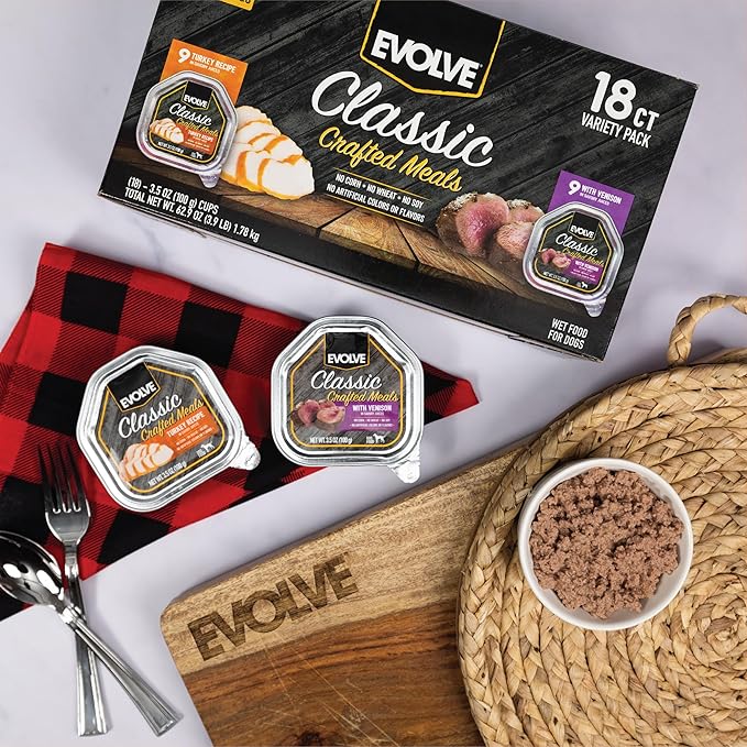 Evolve Classic Crafted Meals Variety Pack Turkey Recipe & with Venison Wet Dog Food | 3.5 oz - 18 pack