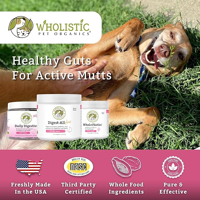 Wholistic Pet Organics Probiotics for Dogs with Digestive Enzymes & Prebiotic Fiber - 2 Oz - Daily Cat & Dog Probiotics for Digestive Health, Anti Diarrhea & Gut Support - Natural Powder Supplement