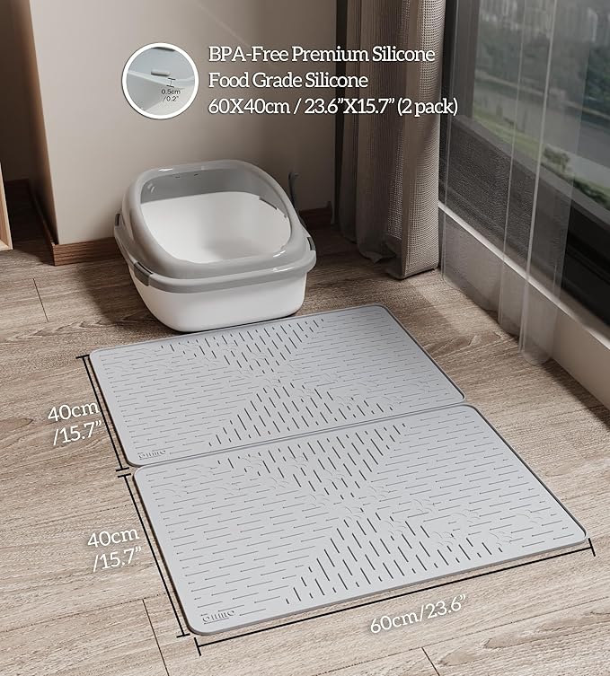 OHMO Cat Litter Mat Silicone Rubber 32x23.5 Formed by 2pc 23.5x16, Trapping Mats Waterproof and Non Slip Kitty Litter Catcher Box Mat, Washable Easy Clean