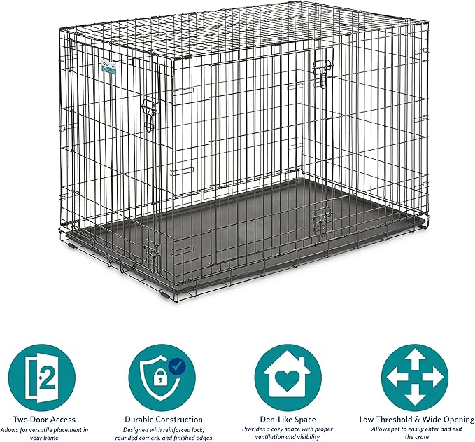 MidWest Homes for Pets 48-Inch Two-Door iCrate Folding Dog Crate with Divider Panel, Leak-Proof Tray & Secure Latches – Metal Wire Kennel for XL Breeds – Portable, Durable & Easy to Assemble