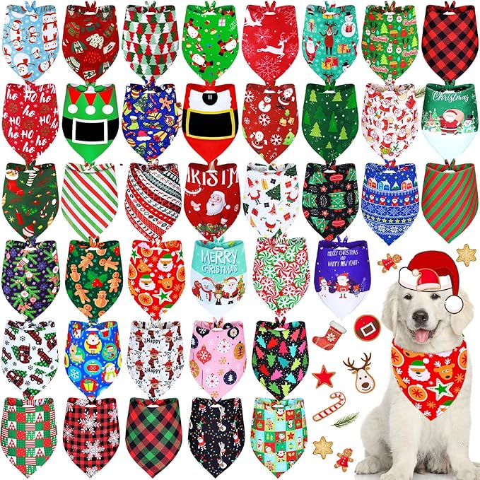 40 Pcs Christmas Dog Bandanas Bulk Adjustable Xmas Dog Scarves Bibs Triangle Reversible Puppy Bandana Pet Neckerchief Scarf Washable Cat Scarf for Small Medium Large Dogs Pet Grooming Accessories