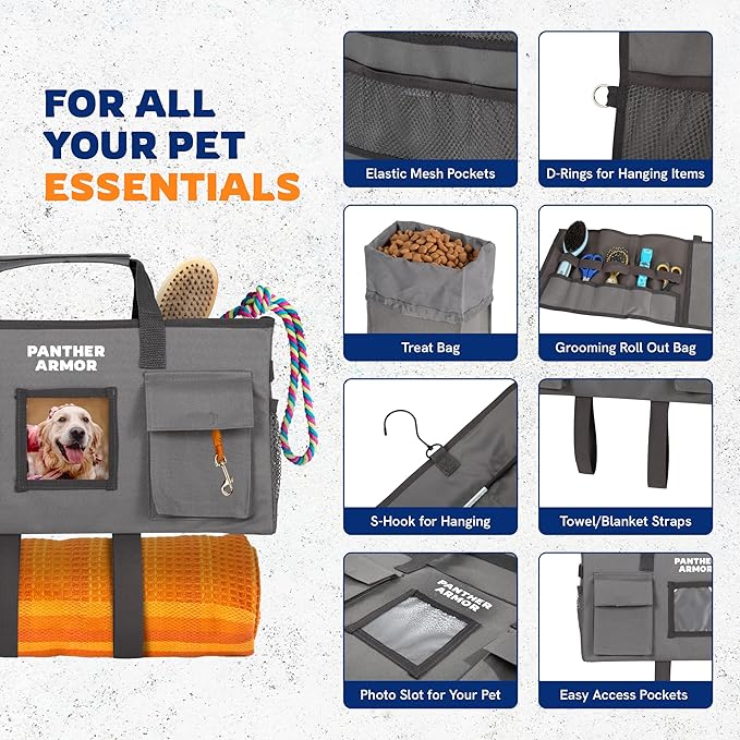 Panther Armor Dog Travel Bag- Hanging Dog Organizer & Pet Storage Tote Bag for Supplies, Waterproof Door Storage & Closet Organizer, Food & Treat Container for Travel Accessories