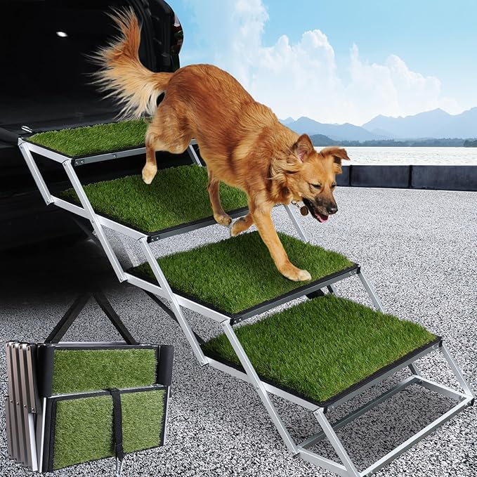 DGSL Dog Ramp for Car, Extra Wide 4 Steps Dog Stairs for Truck, Folding Steps for Dogs with Non-Slip Surface, Pet Loader Dog Steps for Large Dog, SUV, Side Door and Bed (Green, 20In-4 Steps)