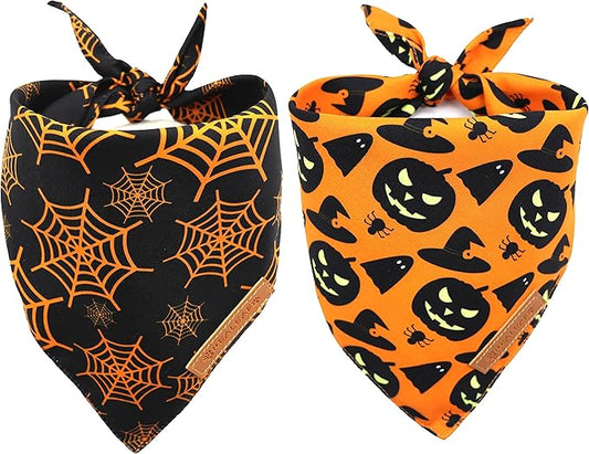 Realeaf Halloween Dog Bandanas 2 Pack, Pumpkin and Spider Web Bibs, Triangle Reversible Fall Pet Scarf, Premium Durable Fabric, Adjustable Fit (X-Large)