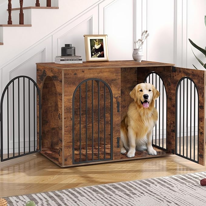 44.1" Wooden Dog Crate Furniture, Indoor Dog Kennel Dogs Cage for Small/Medium/Large Dogs, Heavy Duty Dog Crates Decorative Pet House End Side Table TV Stand, Rustic Brown DFC83901B
