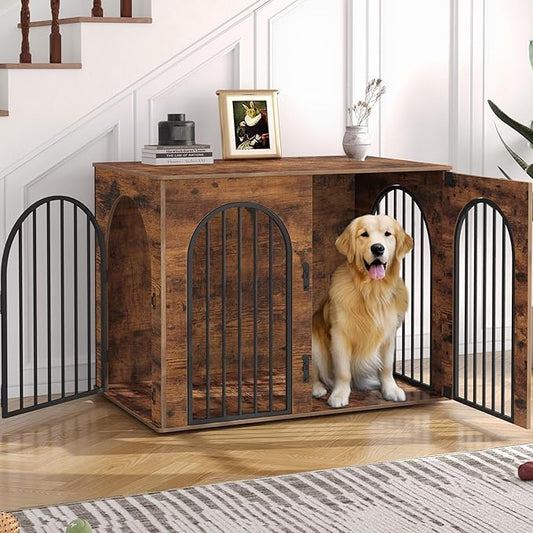 44.1" Wooden Dog Crate Furniture, Indoor Dog Kennel Dogs Cage for Small/Medium/Large Dogs, Heavy Duty Dog Crates Decorative Pet House End Side Table TV Stand, Rustic Brown DFC83901B