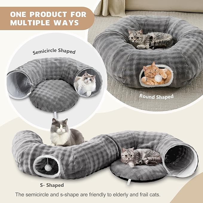 Bubble Cat Tunnel for Indoor Cats, Round Peekaboo Cave Toy with Dangling Balls, Donut Tunnel Bed with Circle Mat for Puppy Kitten Rabbit, Grey