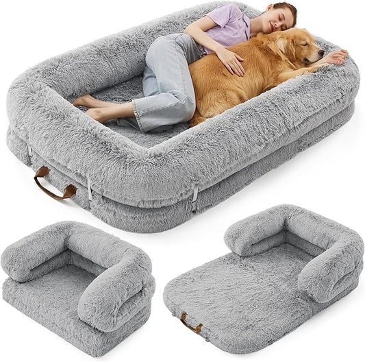 LE SURE Foldable Human Dog Bed - 3 in 1 Flexible Giant Human Dog Bed for Adult People with Supportive Bolster Egg Foam, Waterproof Liner, Calming Fluffy Faux Fur Orthopedic Big Bean Bed, Light Grey