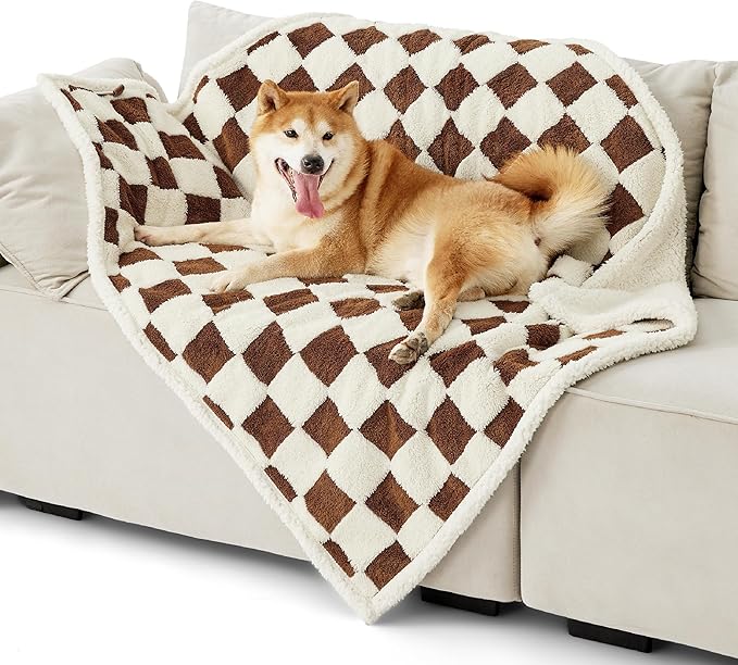 Lesure Waterproof Dog Blanket for Large Dogs - Washable Double Sided Dog Blankets with Warm Jacquard Shag and Soft Sherpa Fleece, Pet Cat Blanket for Couch Protection, 3D Textured Checks, Brown