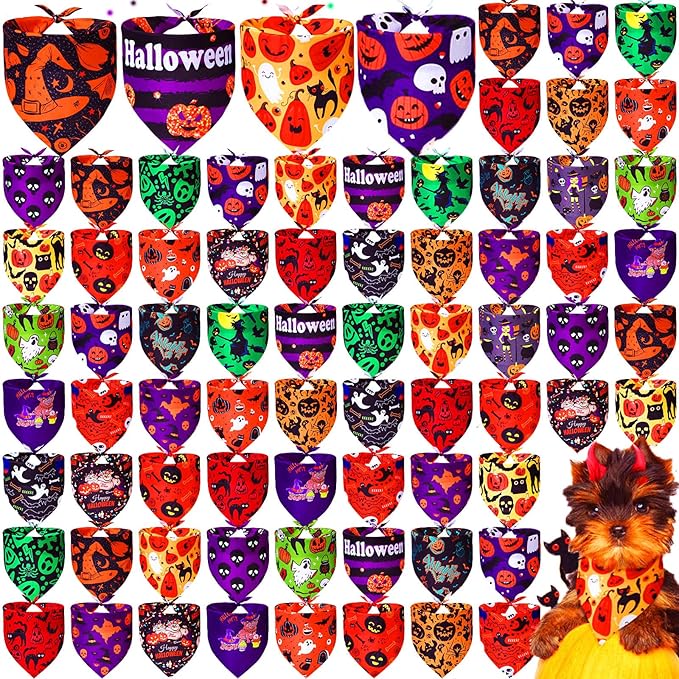 100 Pcs Halloween Dog Bandanas Bulk Pumpkin Black Cat Skull Dog Bandanas Adjustable Pet Bibs Triangle Scarf Halloween Holiday Costume for Small Medium Pet Puppy