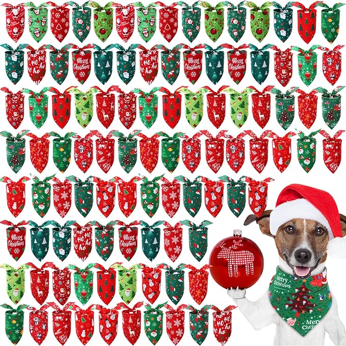 Preboun 100 Pcs Christmas Dog Bandanas Bulk Xmas Bandanas for Dogs Triangle Kerchief Bibs Scarf for Pet Xmas Costume Photo Props Accessories Pet Shops Adoption Events, 25 Styles(25.6 x 17.7 x 17.7)