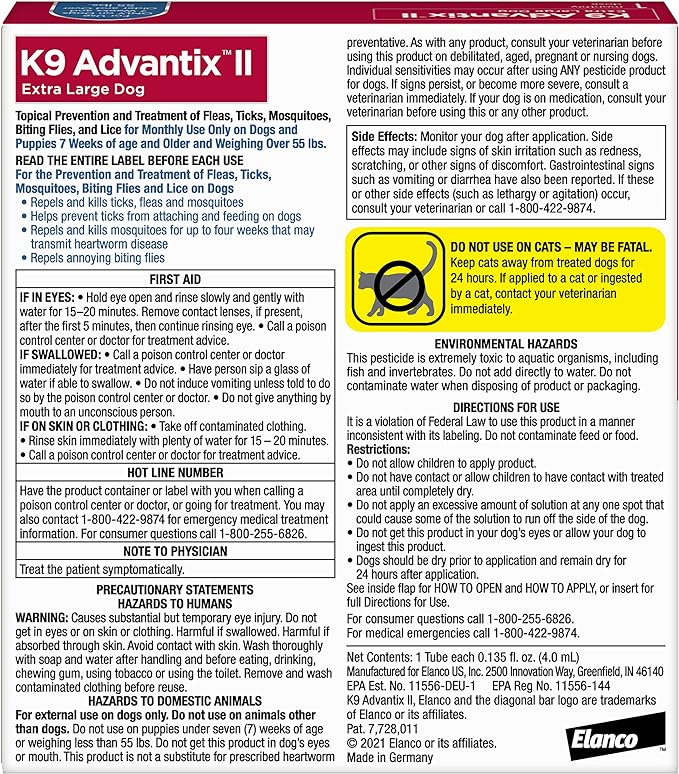 K9 Advantix II XL Dog Vet-Recommended Flea, Tick & Mosquito Treatment & Prevention | Dogs Over 55 lbs. | 1-Mo Supply (Pack of 3)