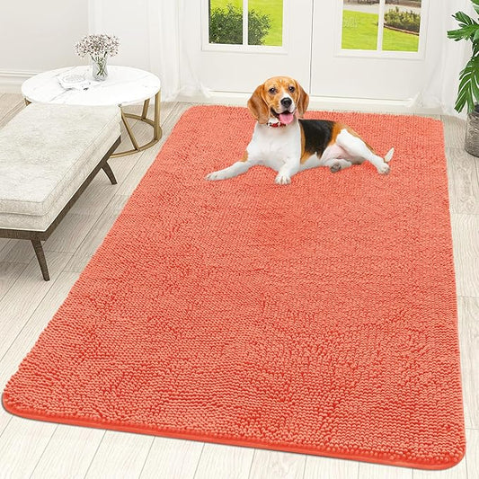 OLANLY Dog Door Mat for Muddy Paws 59x35, Absorbs Moisture and Dirt, Absorbent Non-Slip Washable Doormat, Quick Dry Chenille Mud Mat for Dogs, Entry Indoor Entryway Carpet for Inside Floor, Coral