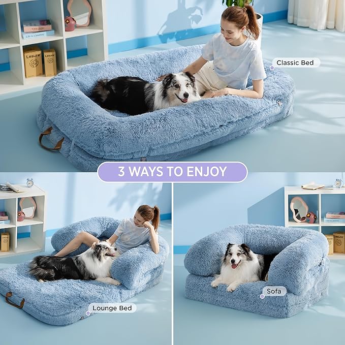 LE SURE Foldable Human Dog Bed - 3 in 1 Flexible Giant Human Dog Bed for Adult People with Supportive Bolster Egg Foam, Waterproof Liner, Calming Fluffy Faux Fur Orthopedic Big Bean Bed, Blue
