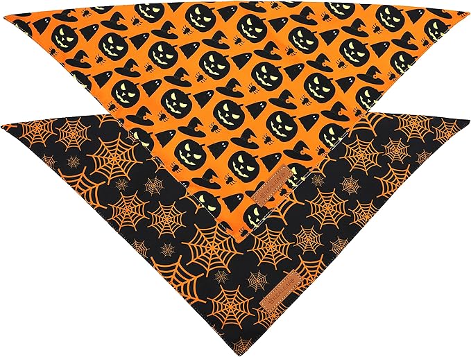 Realeaf Halloween Dog Bandanas 2 Pack, Pumpkin and Spider Web Bibs, Triangle Reversible Fall Pet Scarf, Premium Durable Fabric, Adjustable Fit (X-Large)