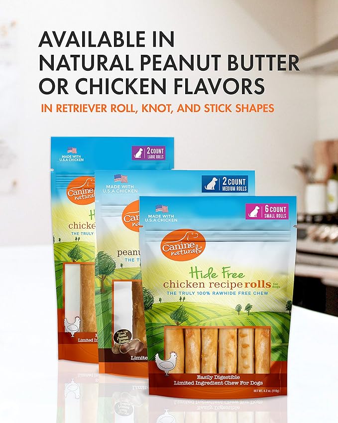 Canine Naturals Peanut Butter Chew - 100% Rawhide Free Dog Treats - Made with Real Peanut Butter - All-Natural and Easily Digestible - 2 Pack of 7 Inch Large Rolls for Dogs 50 lbs and up