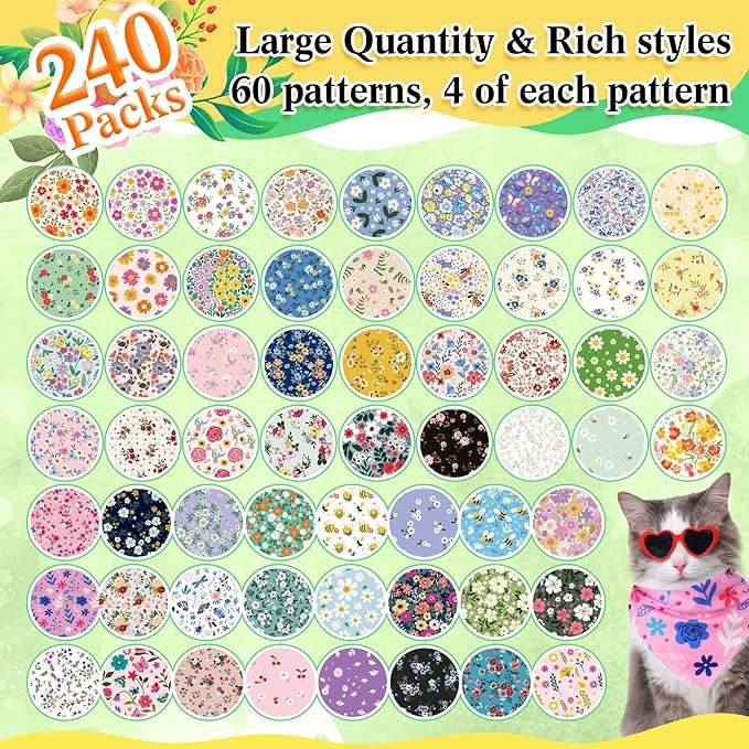 Geyoga 240 Pcs Halloween Dog Bandanas Bulk Thanksgiving Pet Bandanas Adjustable Fall Triangle Dog Grooming Scarf Bibs Kerchief for Small Medium Large Cats Pet Costume A(Floral)