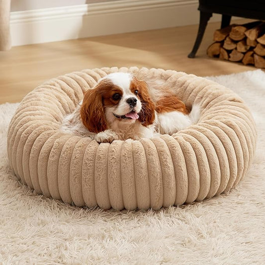 Bedsure Medium Dog Bed - Washable Faux Fur with Corduroy Fleece & Anti Slip Bottom, Round Pet Bed with Removable Cover, Sandy Beige, 30x30x8 inches