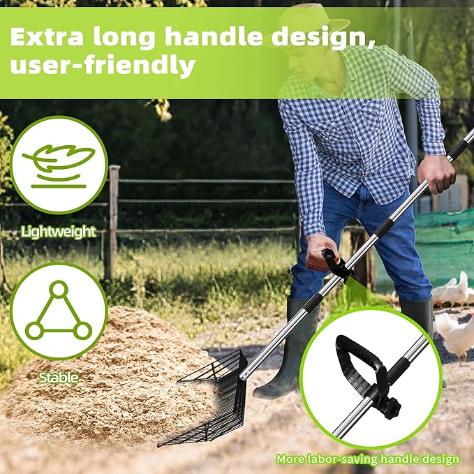Jusoney 15" Extra Large Stainless Steel Manure Scoop w/5-in-1 Adjustable Handle (37.8"-77.6"), Ergonomic Sifter Shovel for Chicken Coop, Cat Litter, Pet Waste Cleaning Tools