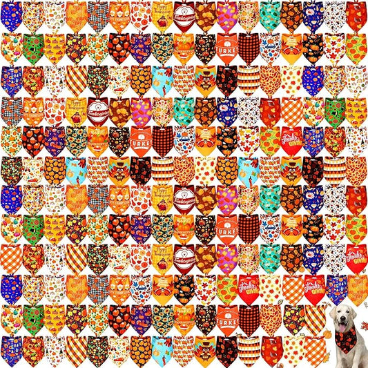 Newwiee 200 Pcs Fall Dog Bandanas Bulk for X-Large Dogs Thanksgiving Bandanas Pumpkin Bibs Triangle Handkerchief Adjustable Pet Scarf Thanksgiving Triangle Handkerchief Soft Dog Kerchief
