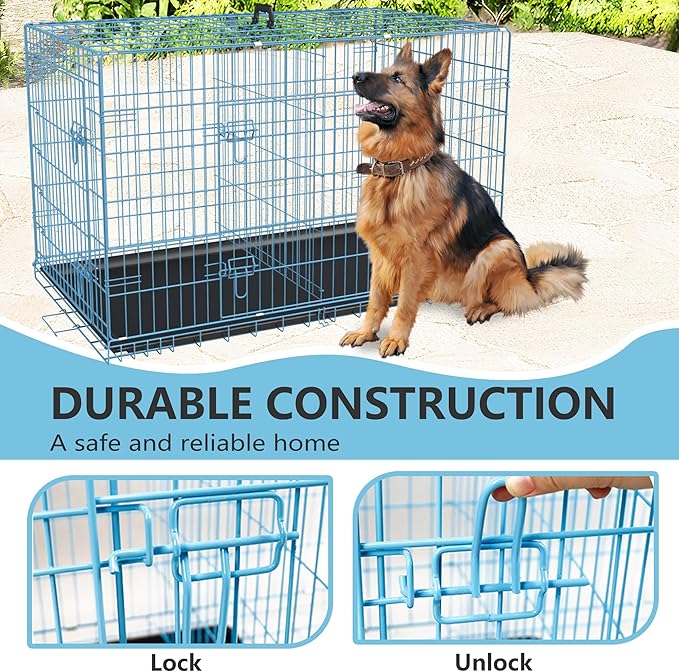 FDW Extra Large Dog Crate Dog Kennel Cage with Double Door,48 inch Folding Metal Wire Dog Cage with Removable Tray&Divider Panel,Pet Crate for Large Dogs,Blue