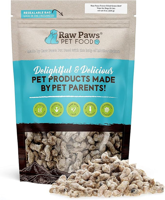 Raw Paws Freeze-Dried Green Beef Tripe for Dogs & Cats, 8-oz - Made in USA - Raw Freeze Dried Dog & Cat Treats - Free-Range Cows - Grain & Wheat Free