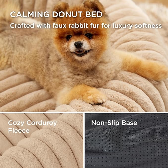 Bedsure Cat beds for Indoor Cats - Donut Dog Beds for Small Dogs with Corduroy Fleece & Anti Slip Bottom, Faux Fur Pet Beds with Washable Removable Cover, Sandy Beige, 20x20x6 inches