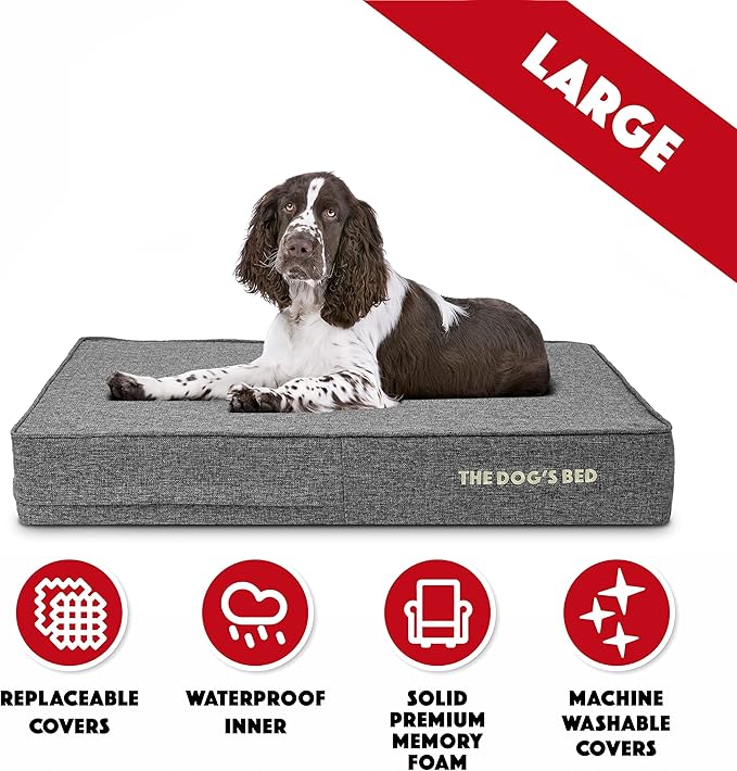The Dog’s Bed Orthopedic Memory Foam Dog Bed, Large Grey Linen, Pain Relief for Arthritis, Hip & Elbow Dysplasia, Post Surgery, Lameness, Supportive, Calming, Waterproof Washable Cover